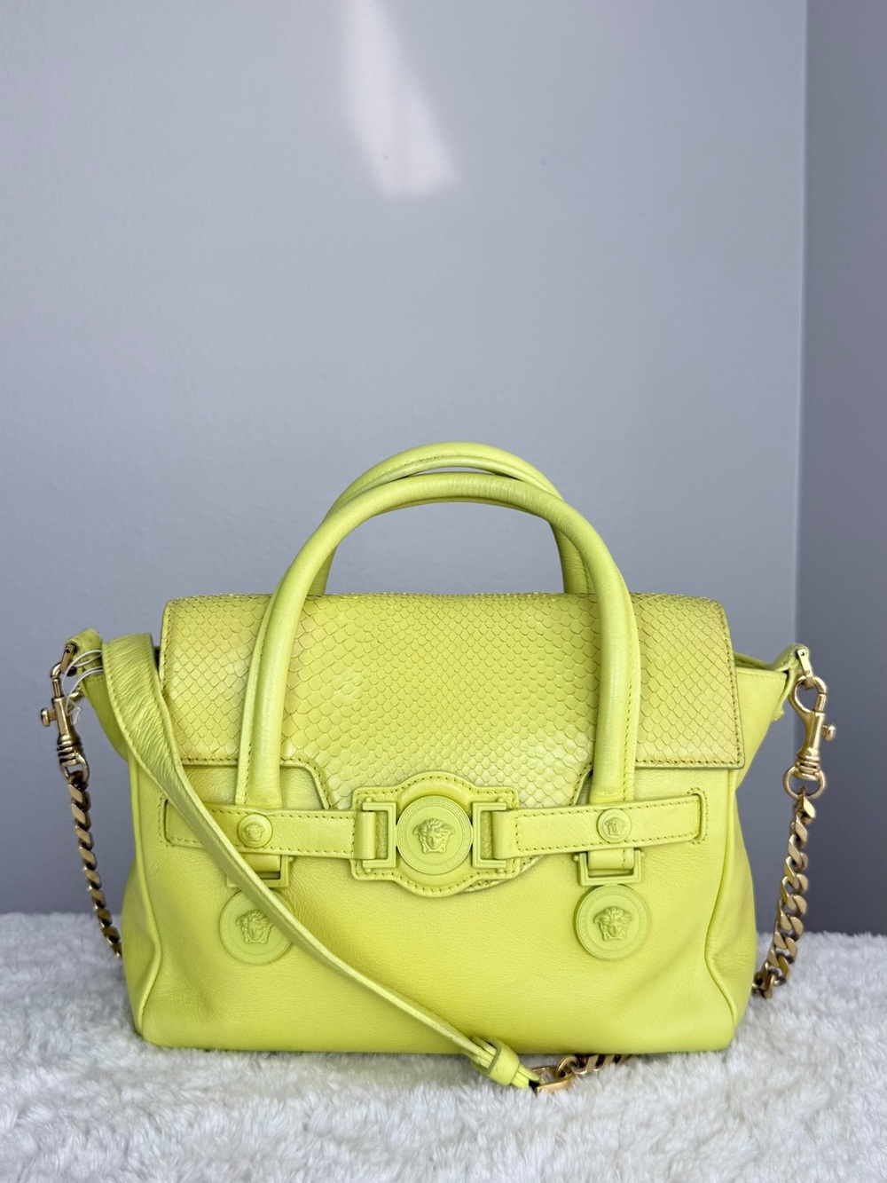 Versace Neon Yellow Top-Handle Satchel with Chain Strap